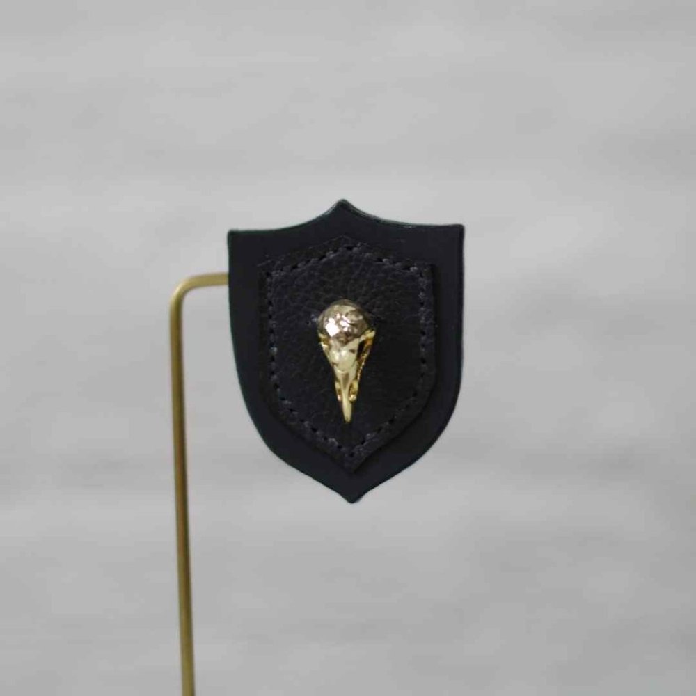 Sparrow Skull Brooch in Gold and Black Leather